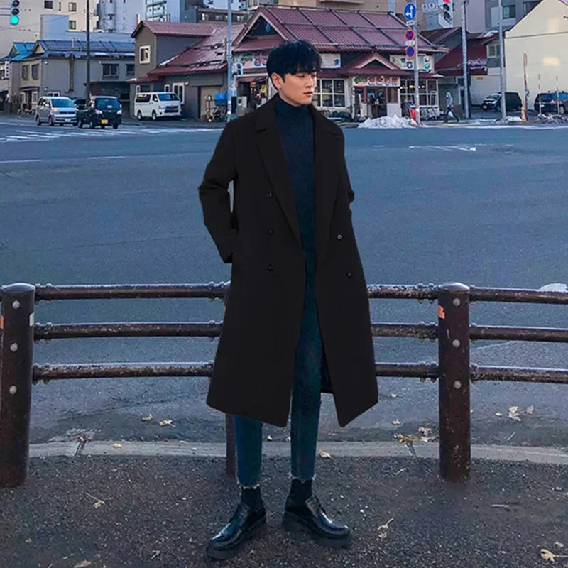 2024 Spring Medium Length Coat Men Fashion Woolen Trench Coats Korean Loose Casual Double Breasted Jackets 251017