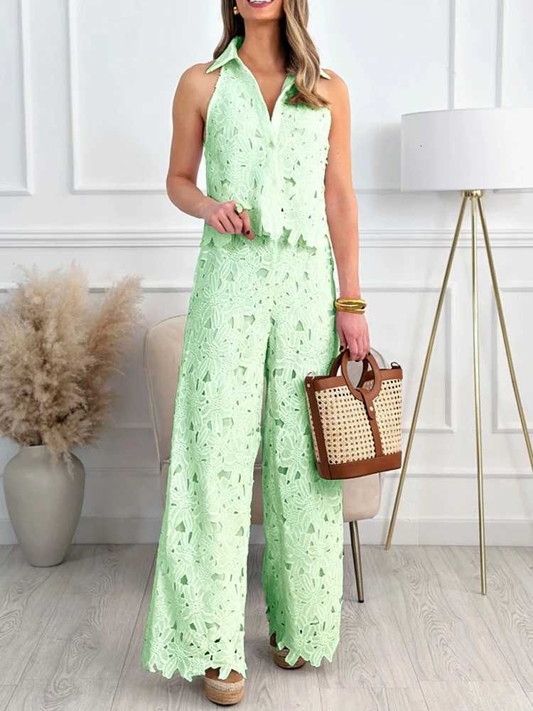 Summer Set Woman Hollow Out Shirt Pants Set Lace Fabric Casual Sleeveless Vest Two Piece Pants Set Wholesale DropshippingT251022