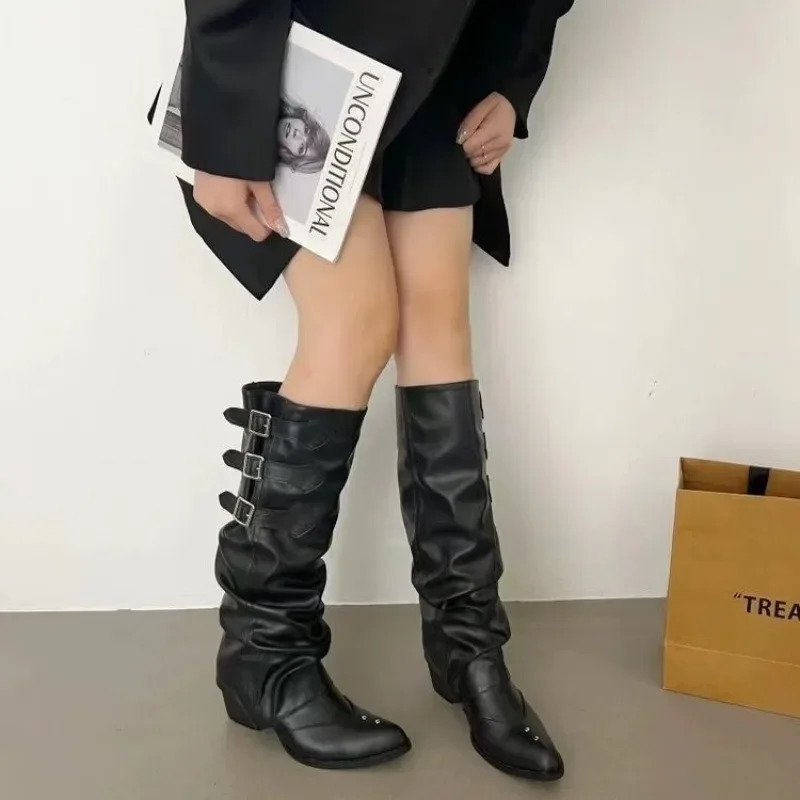 High Quality Punk Y2k Gothic Style Vintage Motorcycles Western Boots for Women Black Rivets Knee High Boot Shoes 251021