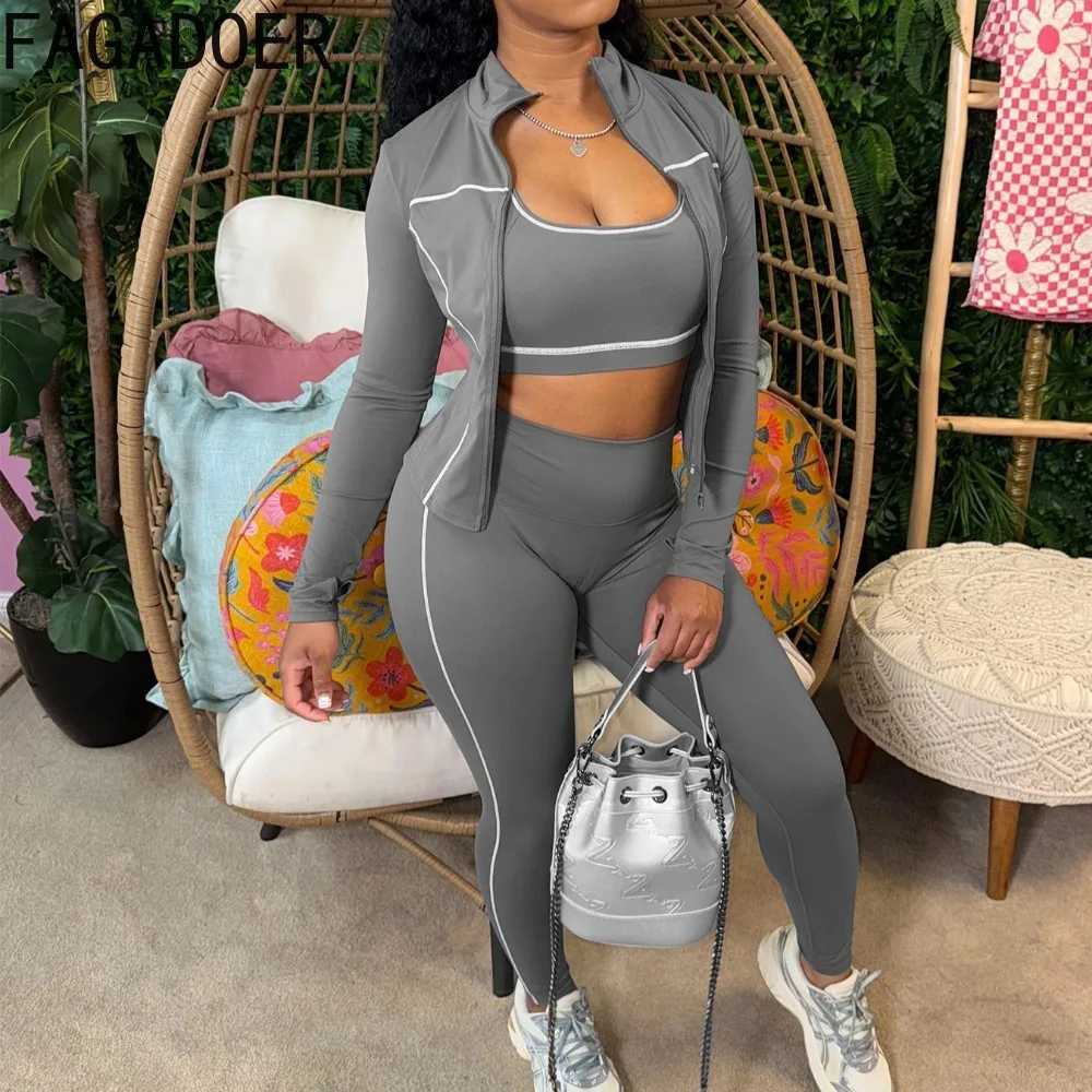 FAGADOER Autumn New Fashion Sports 3 Piece Sets Woman Outfit Stripe Patchwork Long Sleeve Zipper Tops Pants Female StreetwearT251022