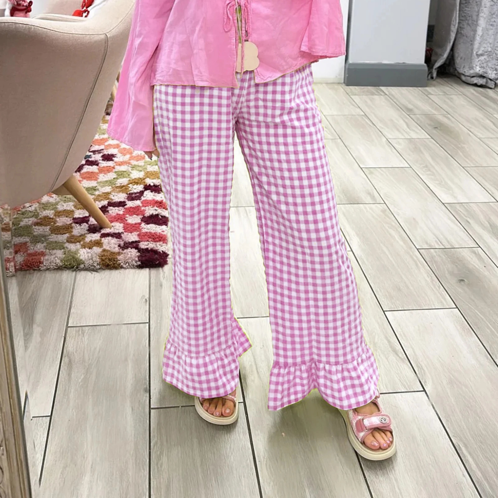 Gaono Women Y2K Plaid Print Flared Pants Ruffle Hem Gingham Long Trousers Elastic Waist Loose Fit Long Bottoms 251016