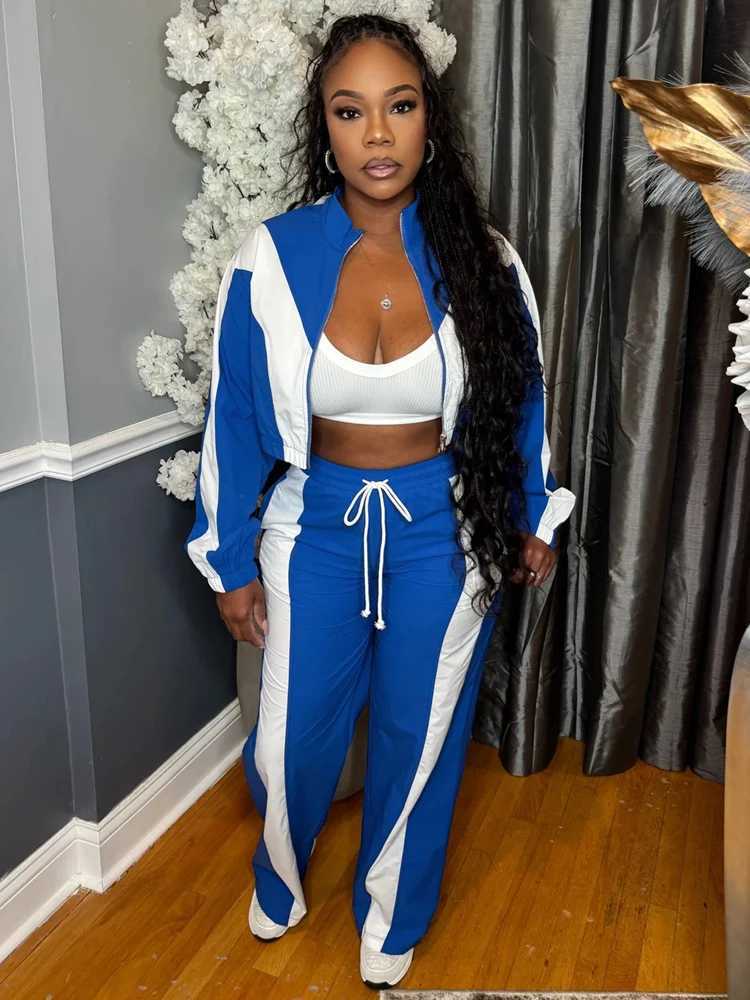 Fashion Women Sets Color Block Zip Crop Jacket and Wide Leg Pants Suit 2025 Fall Two 2 Piece Windbreaker Set Tracksuit OutfitsT251022