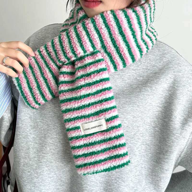 Korean Stylish Teddy Velvet Stripes Scarf Women Men Autumn Winter Warm Perforated Knitted Small Scarves Female Thermal Muffler J251022
