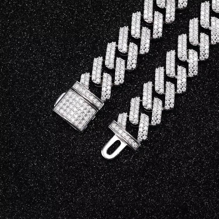 Hot Sale 2row 13mm Wide HipHop Necklace Bracelet Moissanite Cuban Chain Silver Iced Out VVS1 Moissanite Cuban Lidynamic Chain