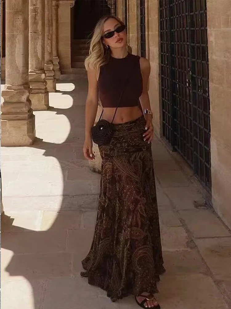 Ruffles Pleated Long Skirts For Women Fashion 2025 Vintage Printed Midi Skirt High Street Casual Chic Party Skirts 251022