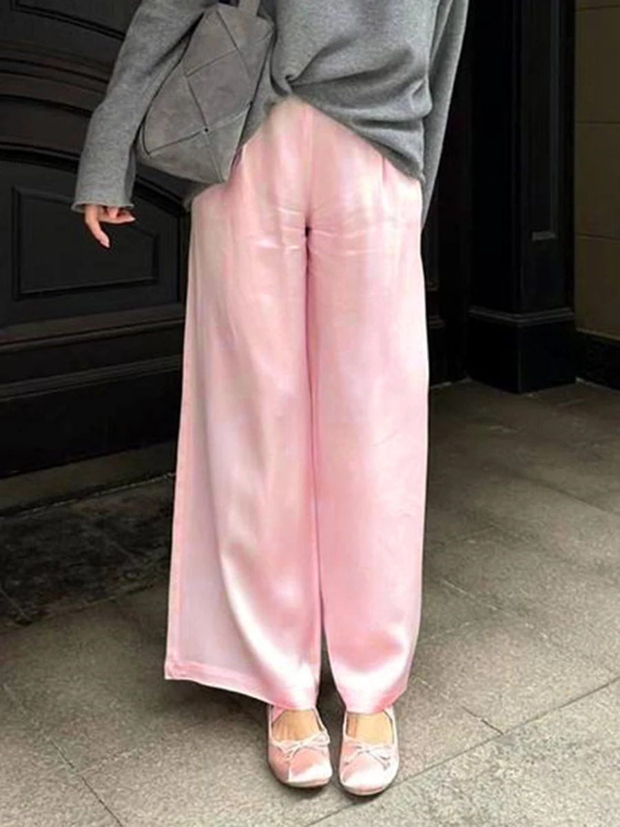 Chic Satin Wide Leg Dress Pants Womens Stylish Elastic Waist Loose Fit Long Trousers for Streetwear Work Solid Color 251022