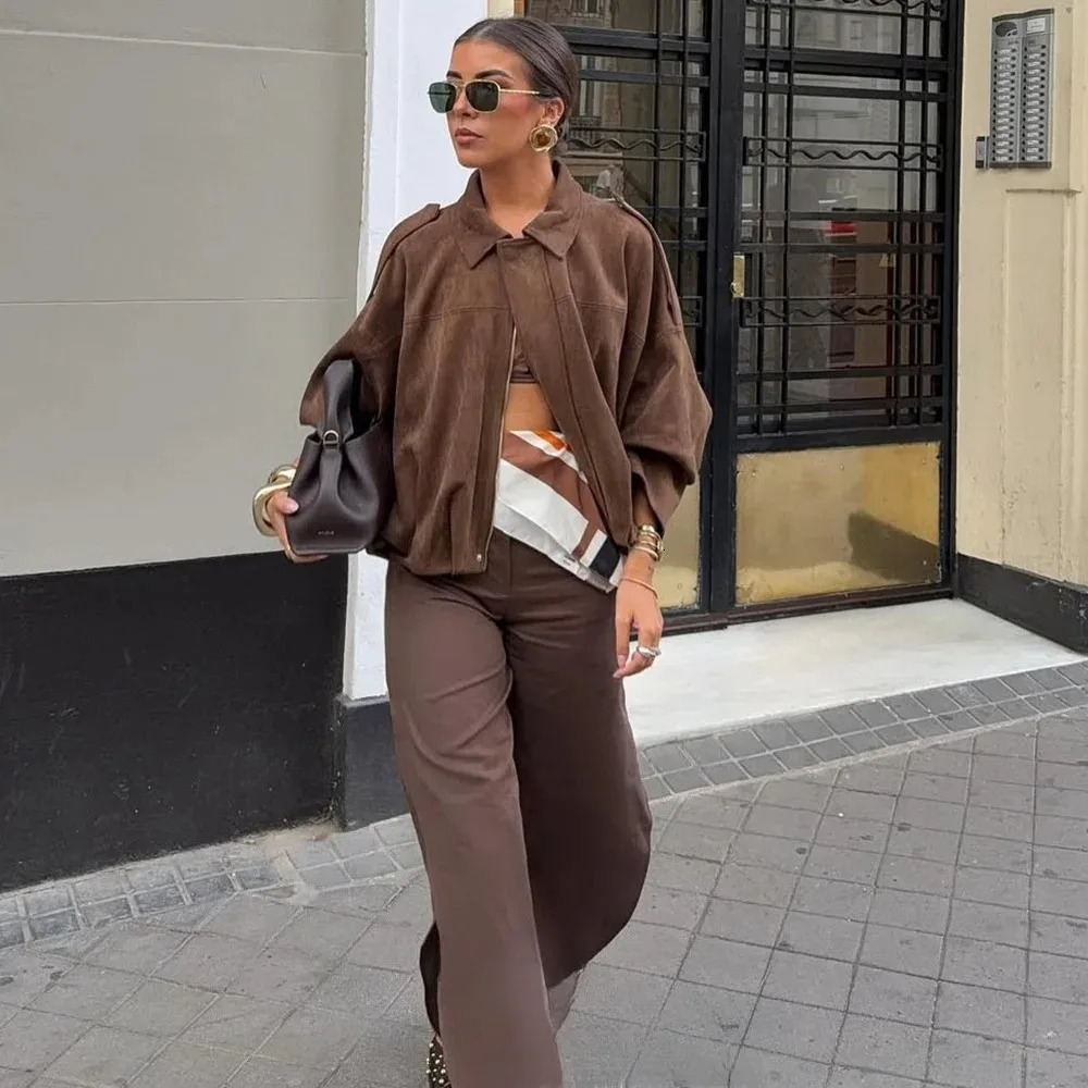 KONDALA Fall Winter Womens Bomber Jacket Lapel Long Sleeve Zipper Suede Jacket Women High Street Jackets Coats Outerwears 251020