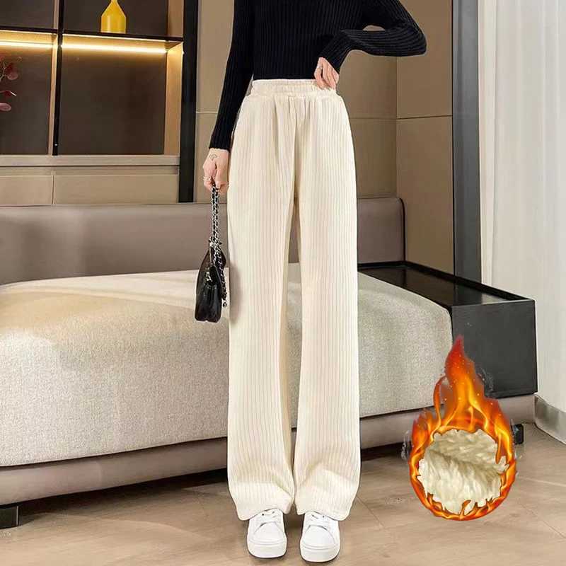 Winter Female Classic Designer Pants Girls Fleece Thermal High Waist Pants Lady Korean Snow Warm Straight Leg Plush TrousersT251022