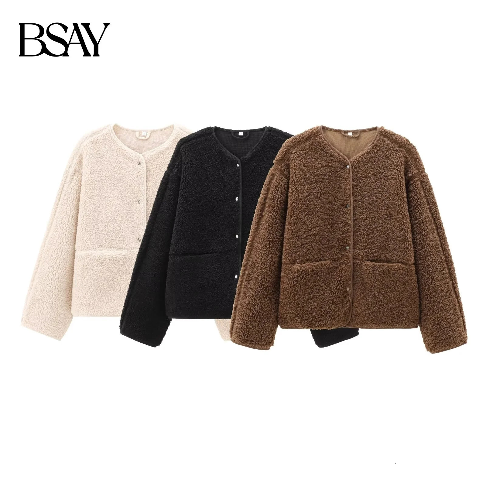 BSAY comfortable and simple solid color round neck dual pocket multifunctional jacket for winter womens clothing 251017