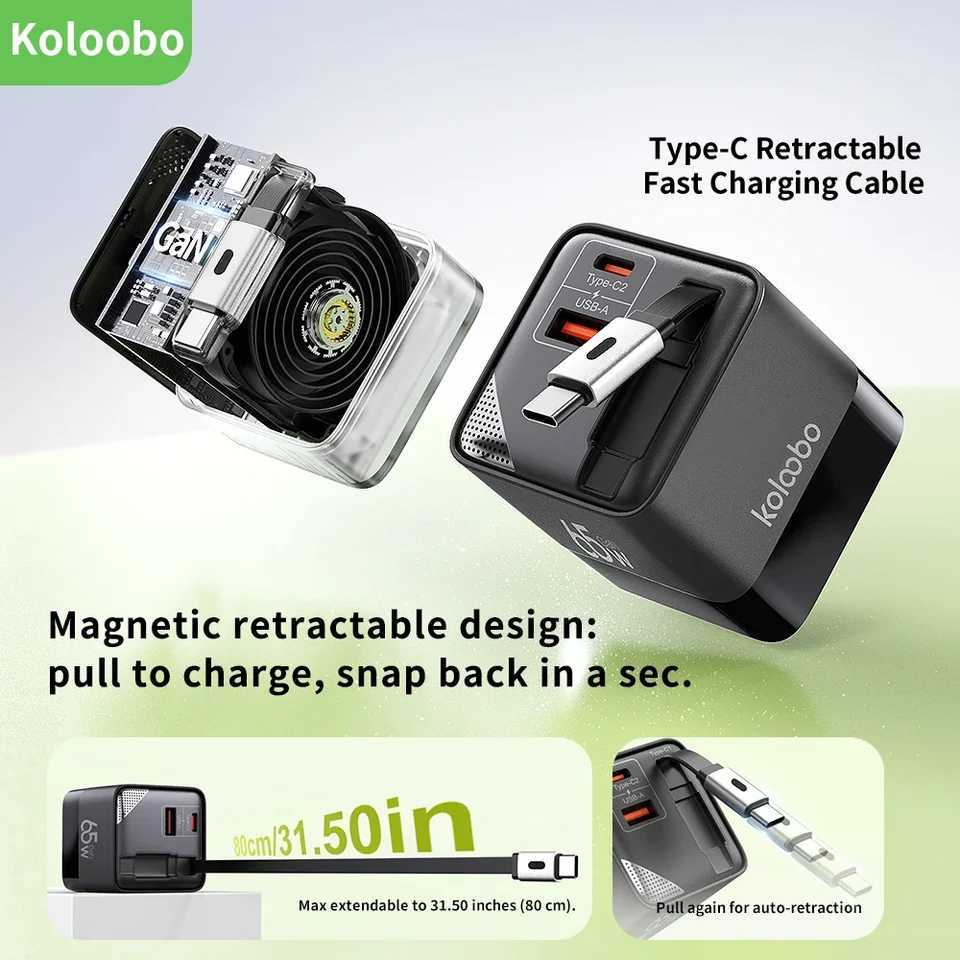 65W GaN Fast Charger ThreePort USBC Charging Head Builtin 80cm Retractable TypeC Cable for iPhone16 15 14 13 J251114