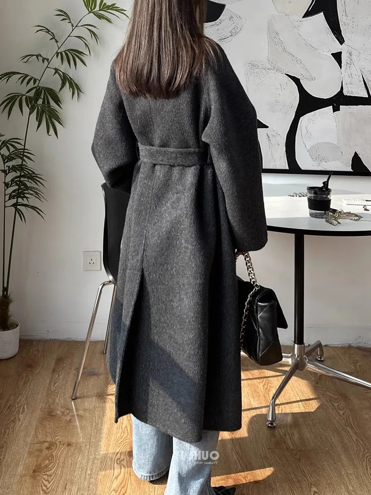 Korean Fashion Dark Gray Stand Collar 100Wool Coat Women Long Winter Jacket 251021