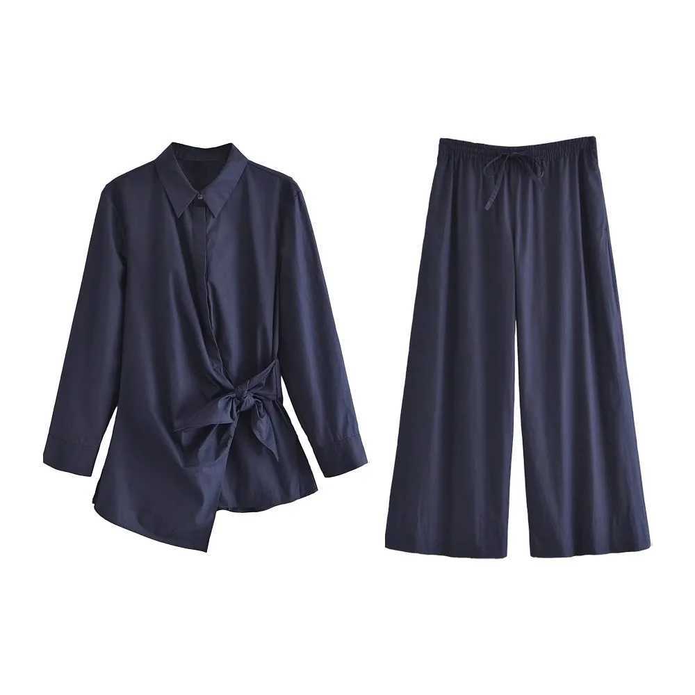 AutumnWinter New Product Womens Fashion Casual Long Sleeve Tie Shirt Mid Waist Wide Leg Pants SetT251022