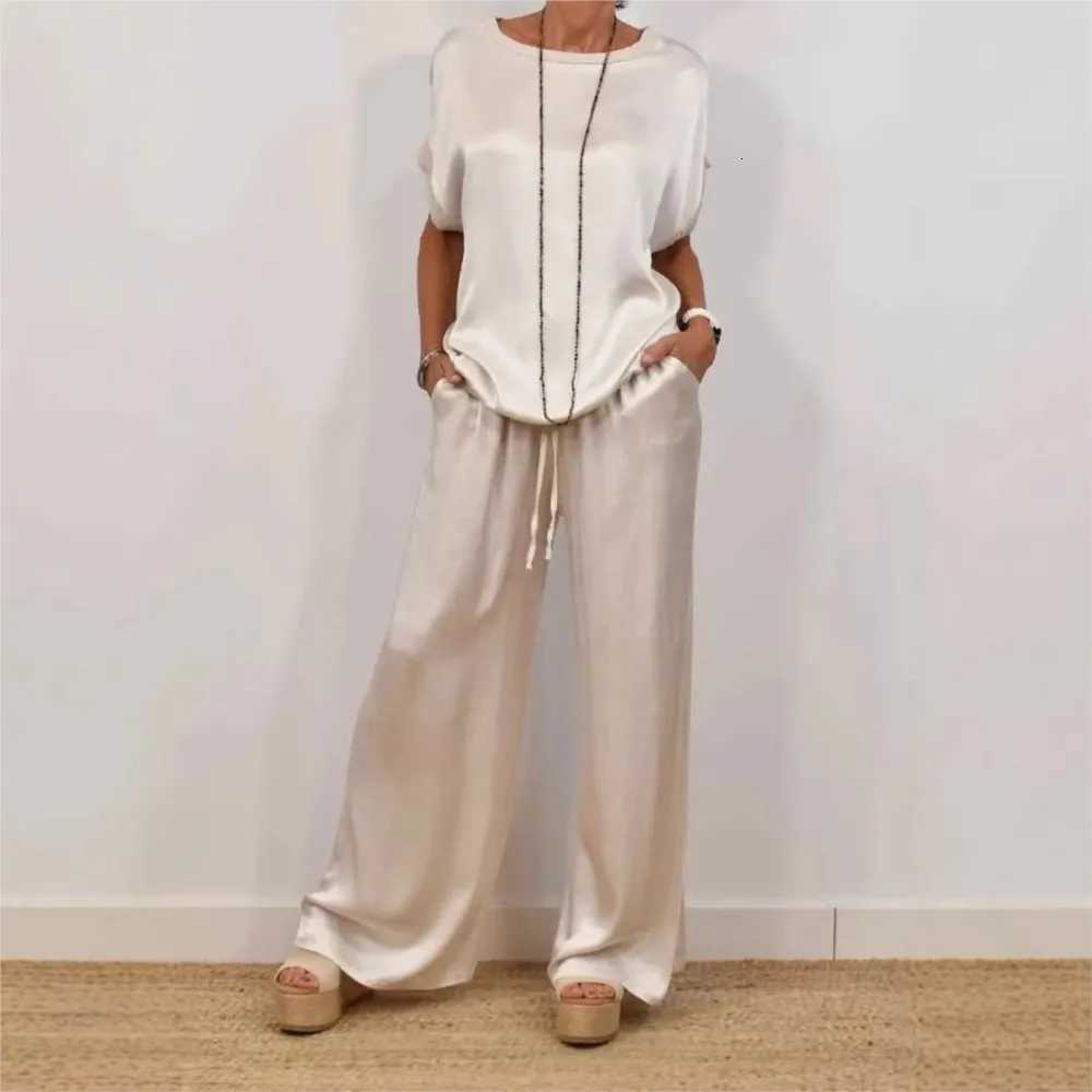 Casual Loose Satin T Shirt And Pants Two Piece Sets Women Summer Solid Short Sleeve T Shirts Suit Elegant Wide Leg Pants SetsT251022