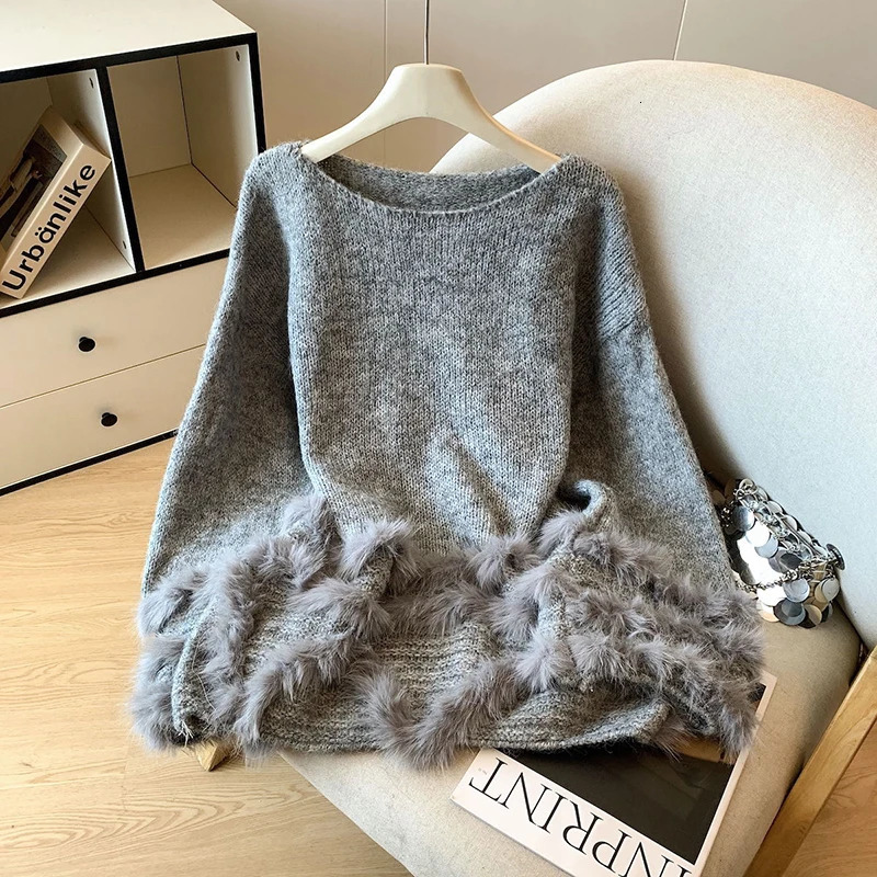 MEXZT Faux Fur Patchwork Sweater Women Korean Fashion Long Sleeve Knitted Pullovers Winter Elegant Knitwear Ladies Loose Jumpers 251016
