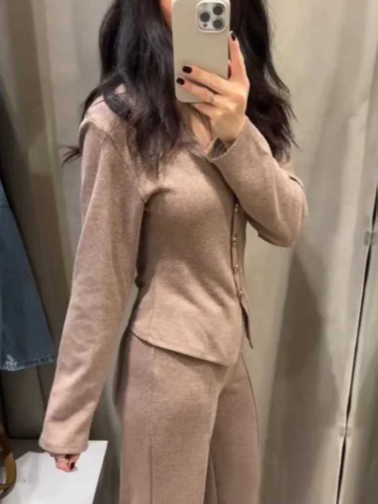 Elegant Knitted Vneck Shirt Pants Women Suit Slim Full Sleeve Button Cardigan Straight Trouser 2025 Autumn Winter Lady Suit NewT251022