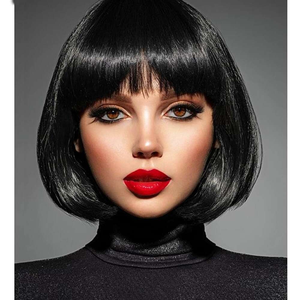 Lace Front Bobo Cut Black Wig High Temperature Fiber Middle Part Short Straight Hair