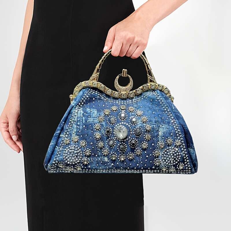 Women's Elegant Y2k Street Style Blue Floral Rhinestone Bag With Detachable Strap & Clasp Closure - Versatile For Work, Commuting, Dating, Partie