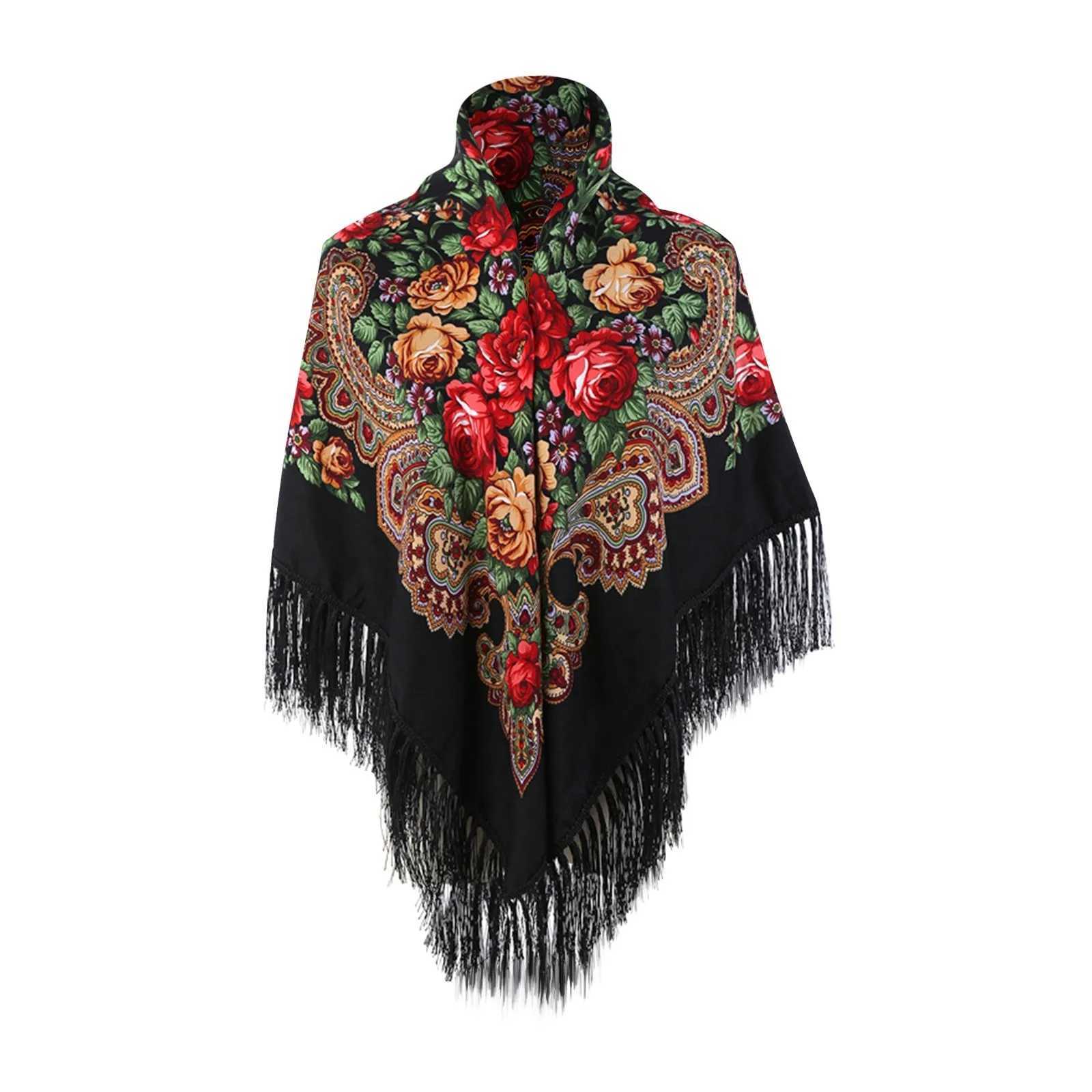 135135cm Russian National Square Scarf Women Luxury Floral Print Ukrainian Fringed Shawl Babushka Handkerchief Head Wraps J251118