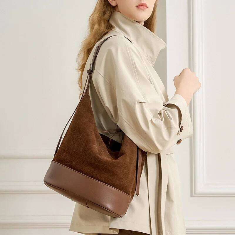 Faux Suede Genuine Leather Bucket Underarm Bag For Women Handbag Pursevintage Commuting Large Capacity Shoulder Bags Suotong1022