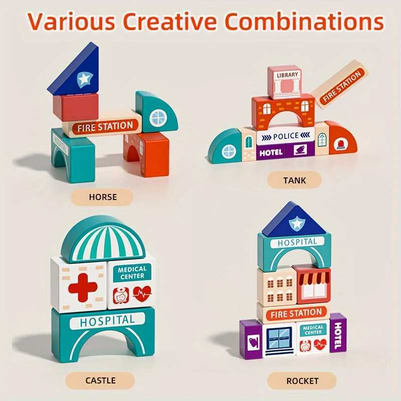 Kids Wooden Building Blocks Construction Building Sets City Building Blocks Stacking Blocks Educational Toys for Boys Girls J251022