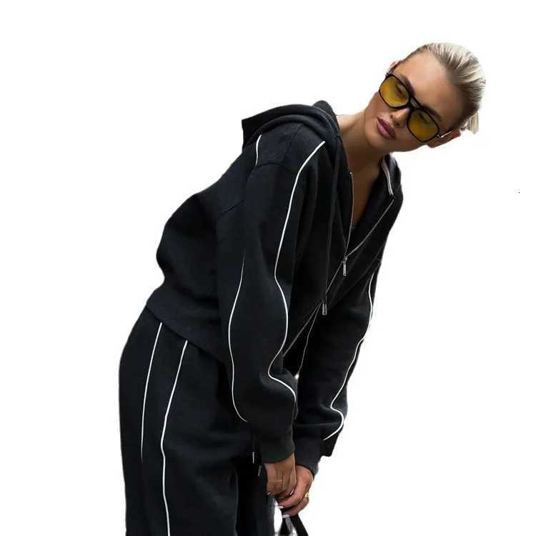 Pants Suit Women 2 Piece Sets Sweatshirt Coat Striped Trousers Sporty Outfits Lace Up Tracksuit Jackets Ensemble Autumn 2025T251022