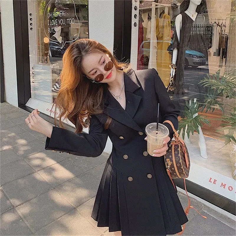 4XL Womens Fat mm Hepburn Double breasted Blazer Suit Dress Autumn and Winter Waist Shrinking Long Sleeve Pleated Dress Orange 251020