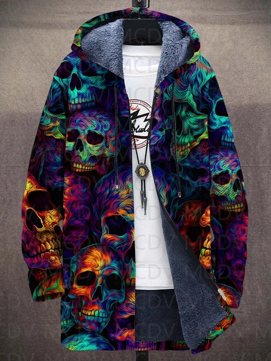 Skull 3D Print Plush Thick LongSleeved Sweater Cardigan Coat Warm Jacket 251020 - view 3