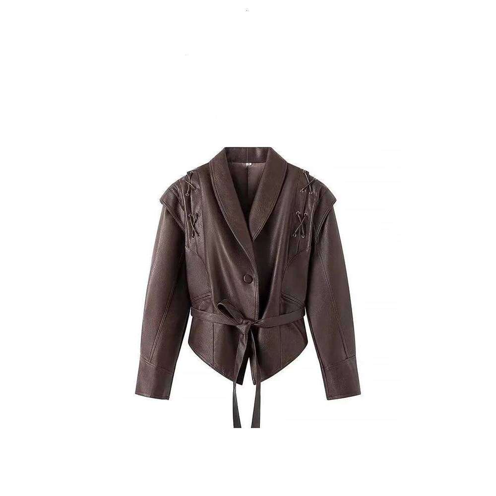 Mauroicardi Spring Autumn Short Retro Brown Pu Leather Jacket Women Sashes Lace Up Designer Emo Clothes European Fashion