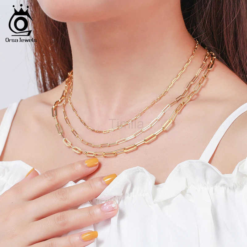 ORSA JEWELS 14K Gold Plated Genuine 925 Sterling Silver Paperclip Neck Chain 69312mm Link Necklace for Women Men Jewelry SC39 U251022