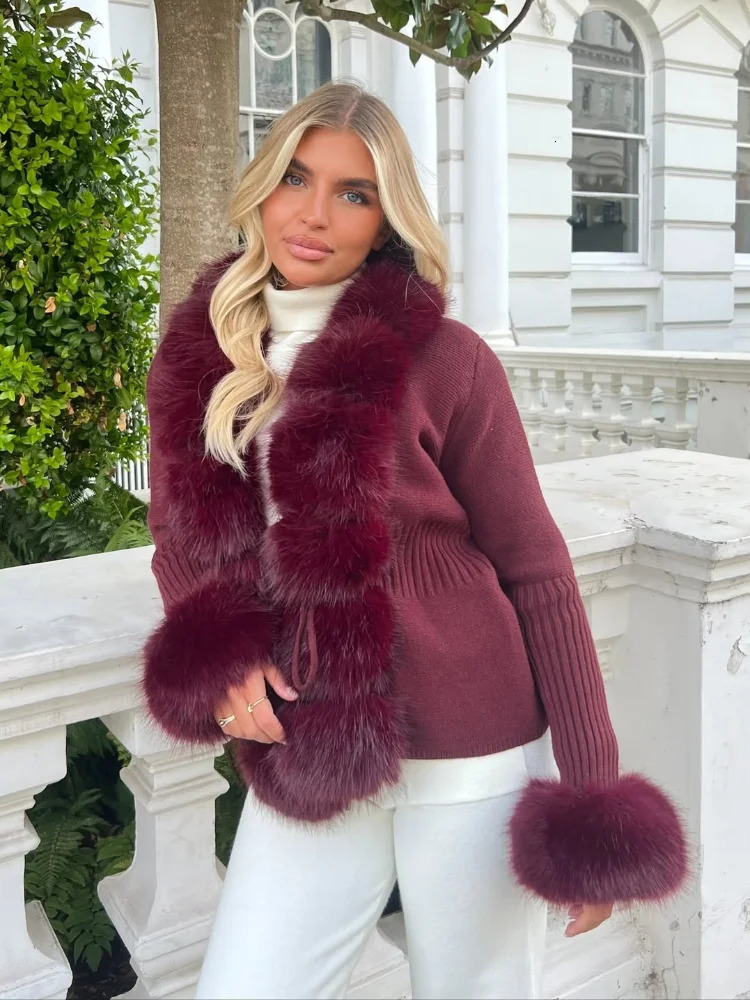 Faux Fur Patchwork Knitted Cardigan Women Fashion Elegant Vneck Long Sleeve Lace Up Jackets Winter Lady Street Outwear 251016