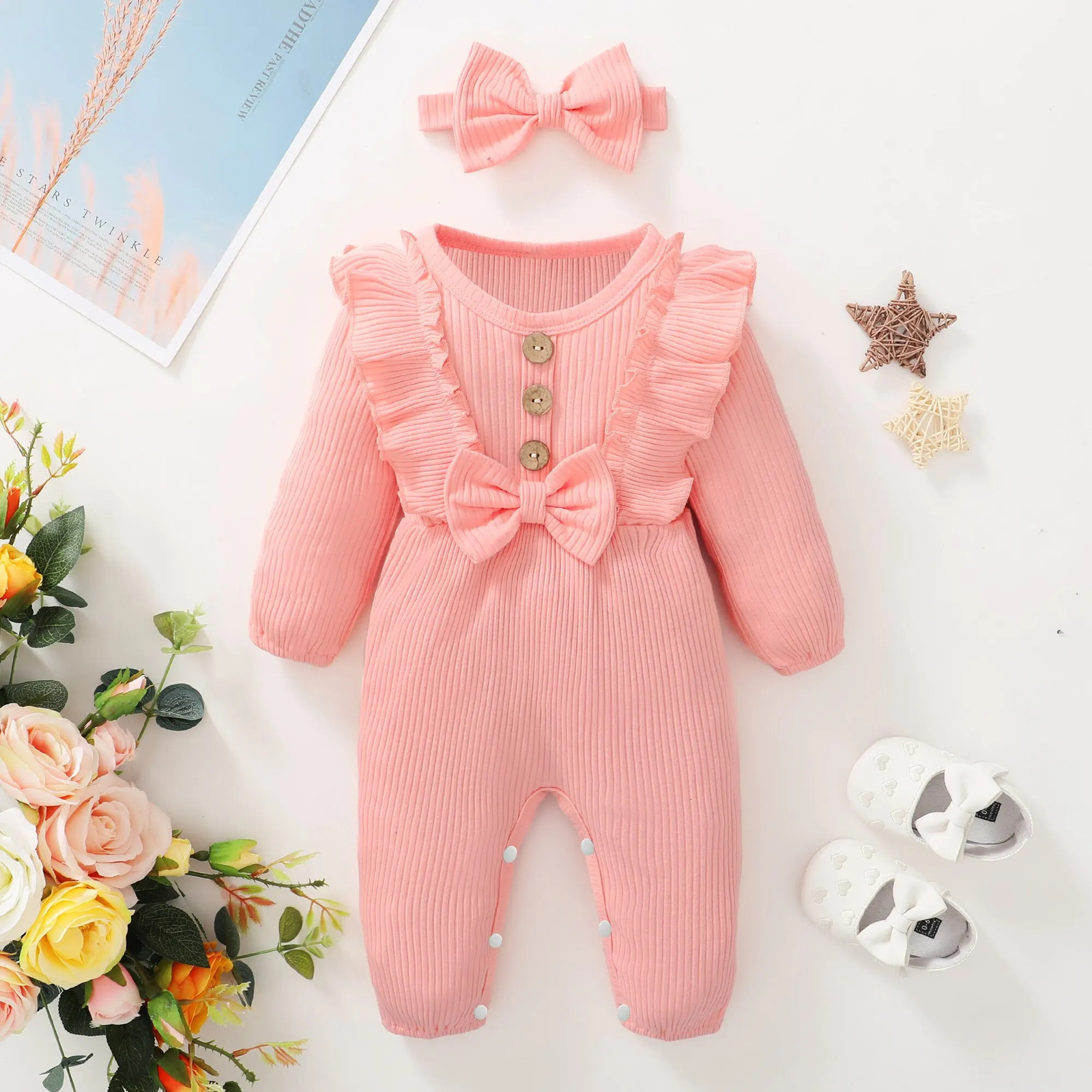 born Baby Girl Romper Long Sleeved Ruffle Bodysuit with Headband Autumn Winter Onesie Outfit Clothing for 018 Months 251022