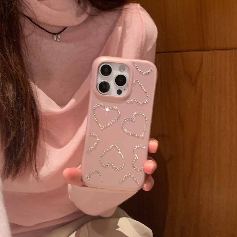 Ice Pink Heart Diamond iPhone Phone Case Compatible with iPhone 17/16 Pro Simple Solid Color 15/14P Protective Cover 13