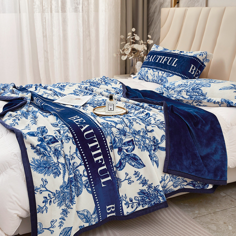 Designer Luxury Brand Skin-friendly Soft Throw Milk Fluff Nap Blanket with Plants and Flowers Camellia Pattern for Office /Bedroom /Travel /Gift W2603