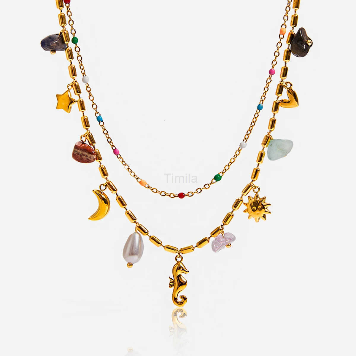 Double Oil Drip Necklace Ocean Style Stainless Steel Womens Natural Stone Seahorse Pendant Necklace Resort Edition U251022