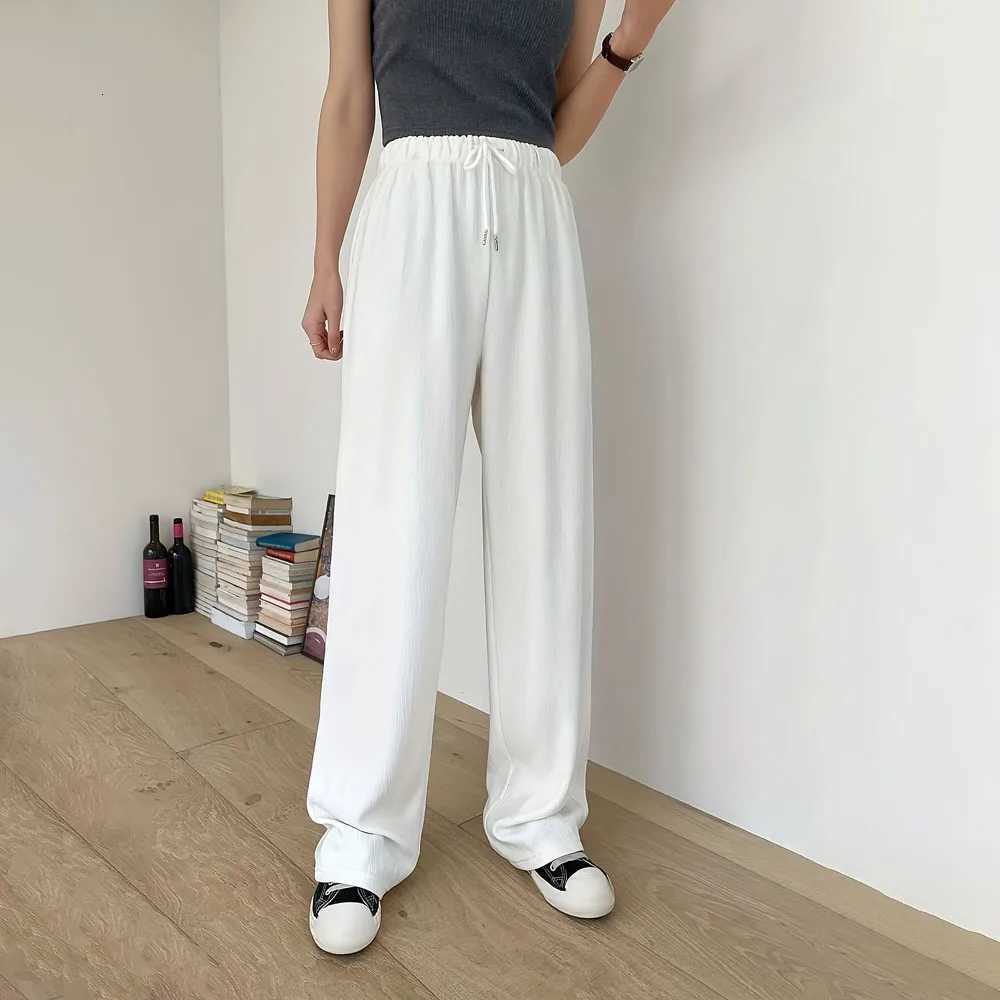 Fashion Womens Solid Color Long Pants Drawstring Design White Wide Leg Trousers Joggers Loose Fit Casual Streetwear PantT251022