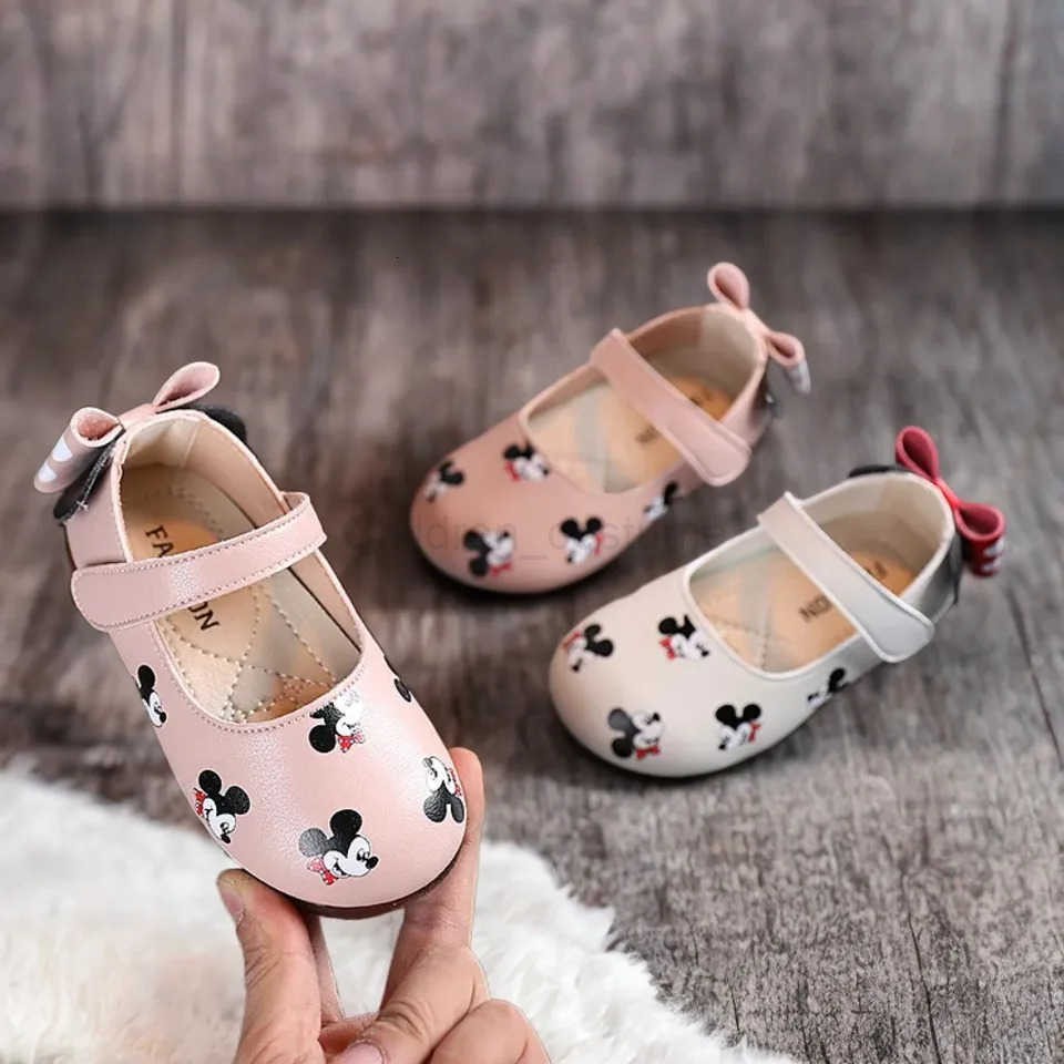 Disney Casual Shoes Kids Mickey Mouse Shoes For Girls Outdoor White Pink PU Leather Children Flats Soft Toddler Size 2130 H251022