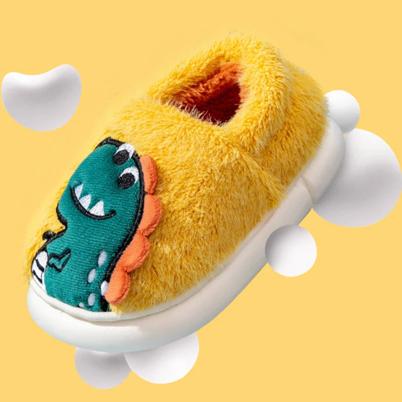 Kids Cartoon Dinosaur Embroidery Plush Slippers Soft Sole Nonslip Winter Warm Boys Girls Indoor Home Heel Wrap Cotton Shoes 251022