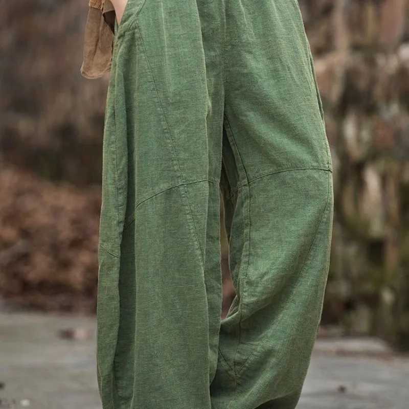 Elegant Womens Cotton Linen Baggy Cargo y2k Pants Vintage Elastic Waist Trousers Loose Casual Long Wide Leg Oversize ClothesT251022
