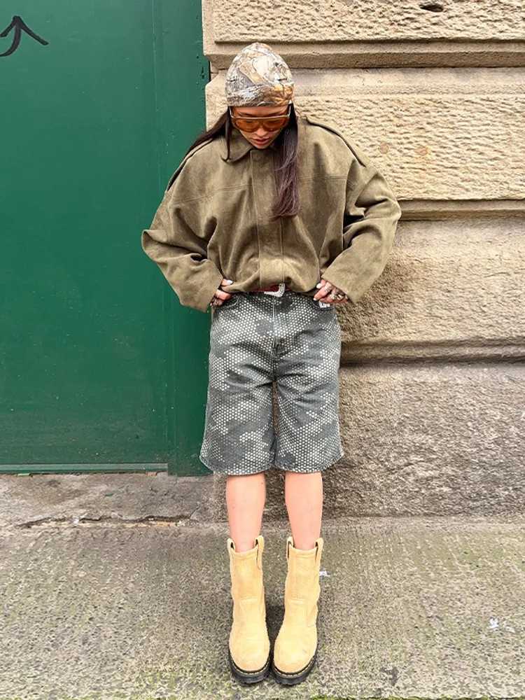 Autumn Womens Green Suede Short Jacket Loose Lapel Zipper Long Sleeve Bomber Coat Female 2025 New Lady High Street Outwears1 Y251105