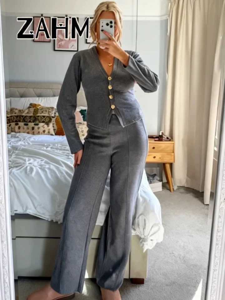 Elegant Knitted Vneck Shirt Pants Women Suit Slim Full Sleeve Button Cardigan Straight Trouser 2025 Autumn Winter Lady Suit NewT251022