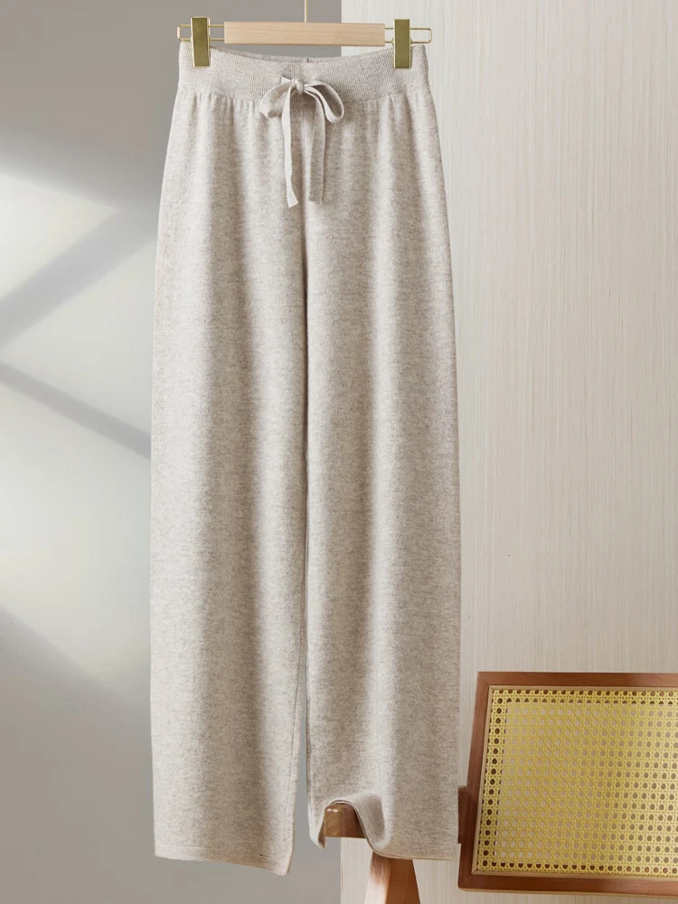 2025 Women100Merino Wool Knitted Wide Leg Pants Autumn Winter Basic Soft Warm Cashmere Knit Trousers Casual Drawstring Style 251022