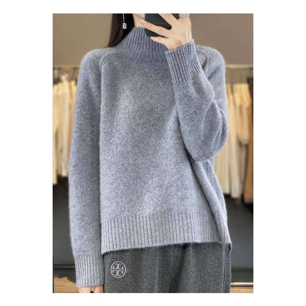 Women's High-Necked Cashmere 100% Soft Wool Thickened Lazy Raglan Sweater With Slit For Autumn Winter Comfortable Waxy W 251022