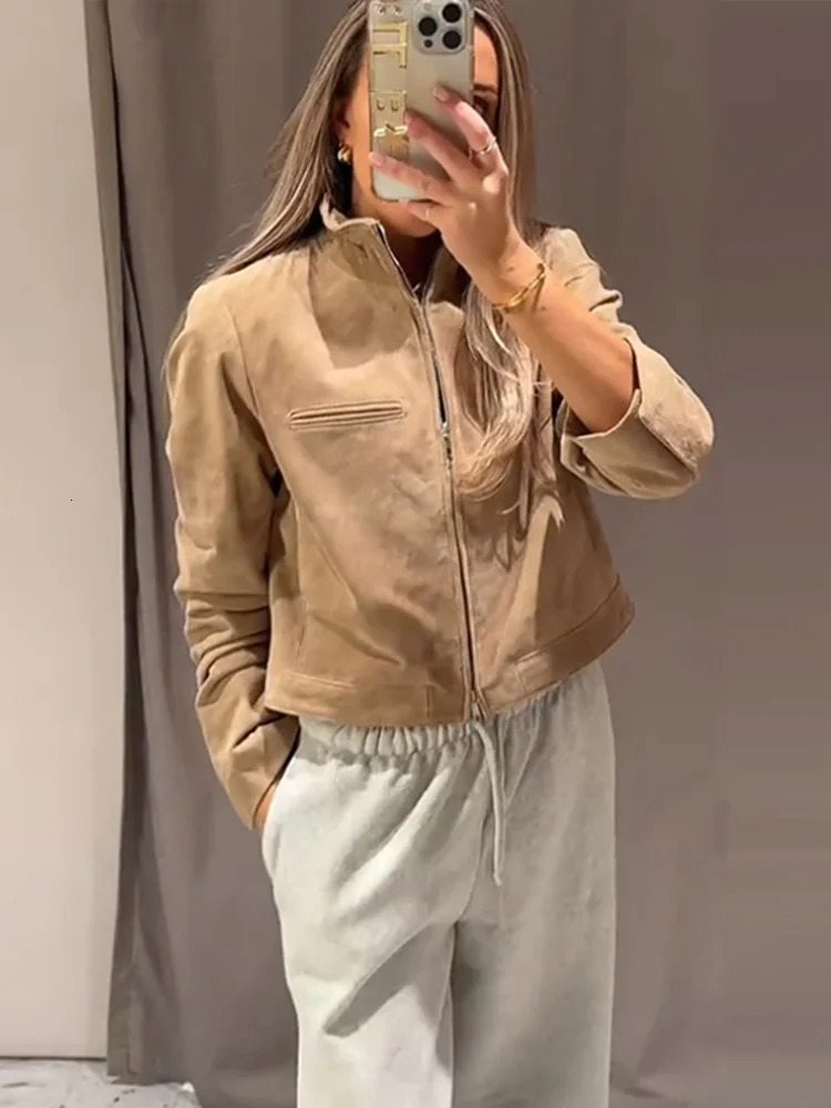 Suede Leather Short Jacket Coat Zipper Stand Collar Vintage Casual Motorcycle Jackets Baggy Front Shoulder Women Outwear Top 251020
