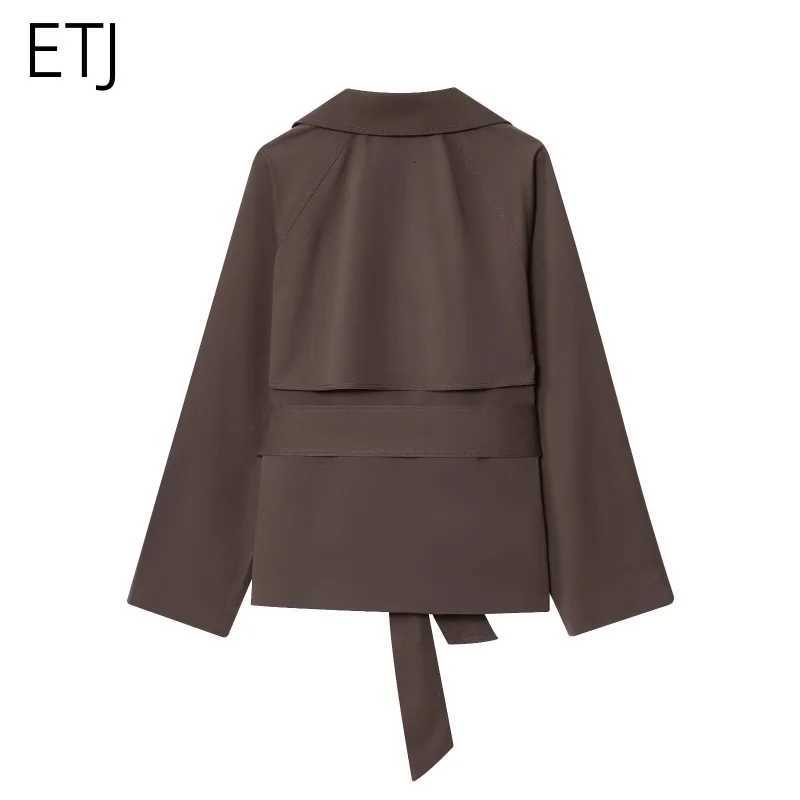 ETJ Autumn 2025 new collection womens British style lapel doublebreasted Maillard color belt casual trench coat Y251105