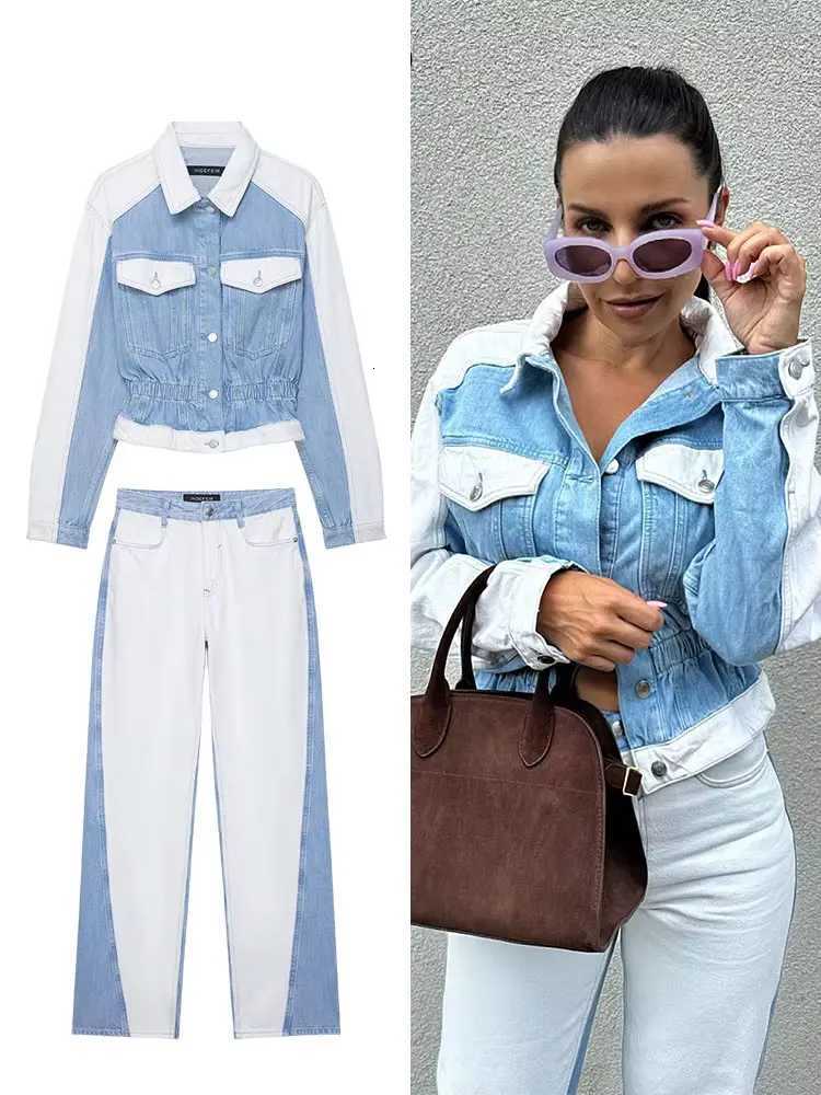 HH 2024 Autumn Female Vintage Denim Suit Long Sleeve Single Breasted Lapel CoatHigh Waist Wide Leg Jeans Street Fashion SetT251022