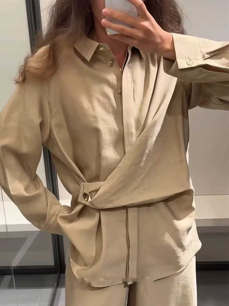 TFMLN Women Chic Shirt Tops Pants Set Single Breasted Long Sleeve Blouse Wide Leg Trousers Solid Office Ladies Daily ClothesT251022