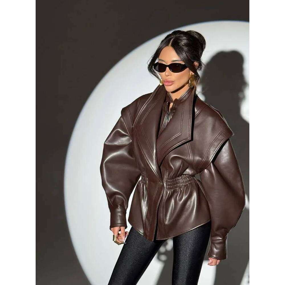 2025 Elastic Waist Cinching Brwon Leather Jacket Women Casual Lapel Zipper Pu Coat Lady New Autumn Outdoors Highstreet Outwear