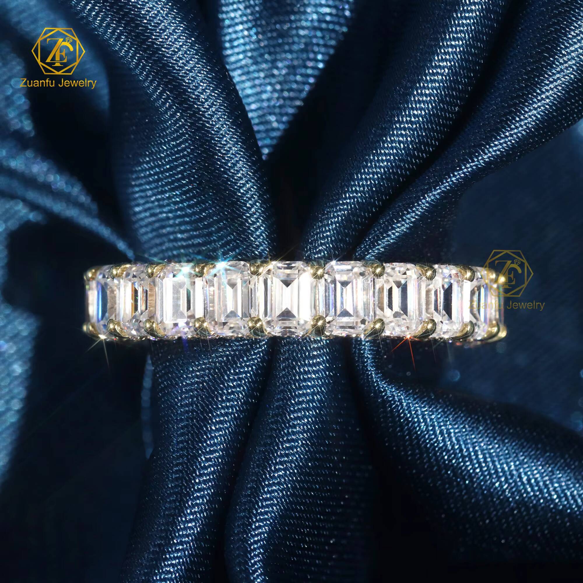 Upscale Womens 14K Yellow Gold 3x4mm Emerald Cut Eternity Ring Moissanite Diamond Jewelry Fine Luxury for Gift