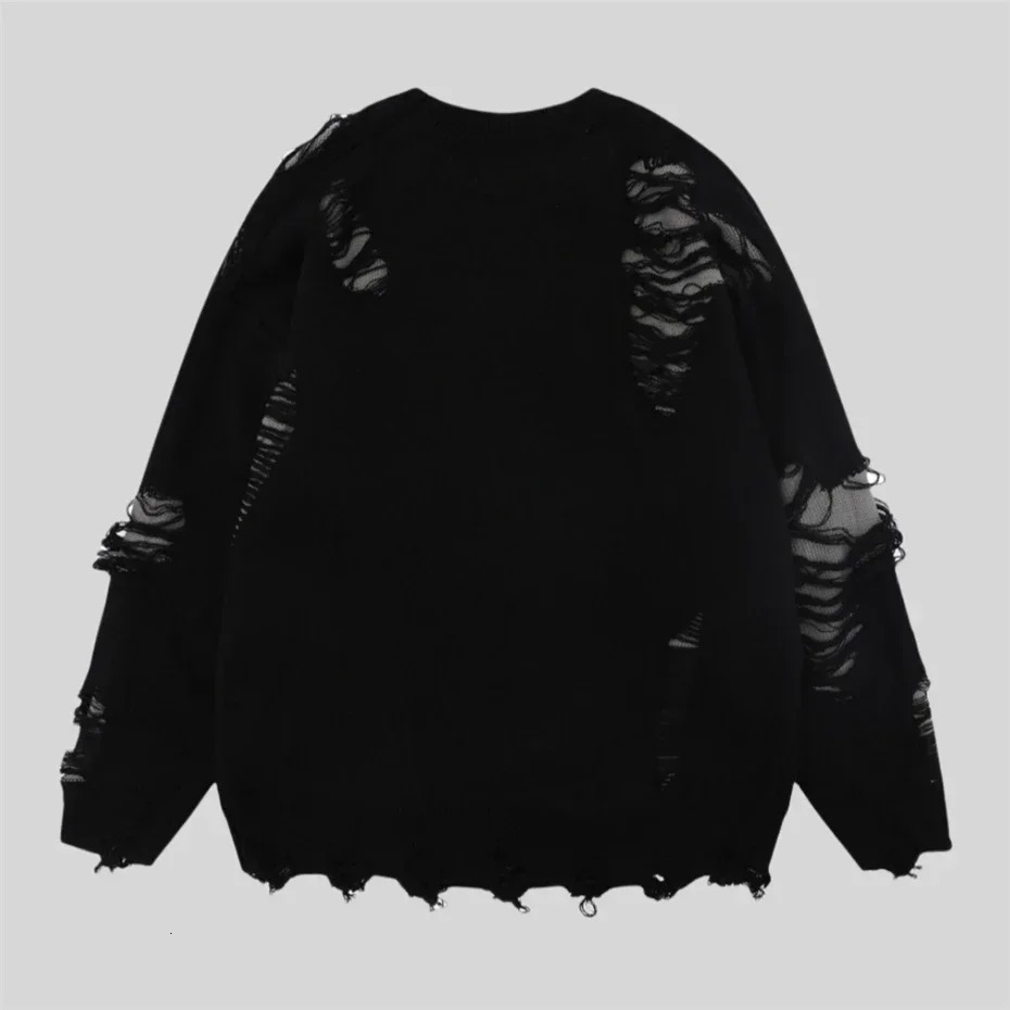 Torn Smooth Sweater Men Retro Ripped Hole Knitted Letter Plain Jumpers Men Streetwear Hip Hop Harajuku Punk Gothic Sweaters 251020