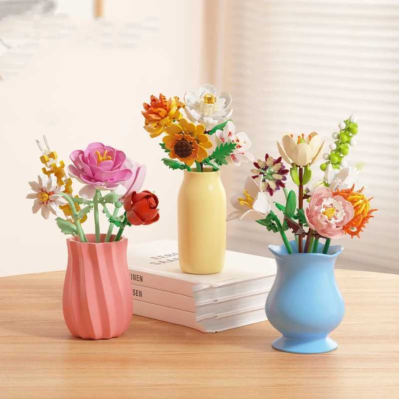14 Styles Pretty vase Flower arrangement Building Blocks Sunflower Lily Rose Bricks Flower DIY Home Ornaments Valentines Gift J251022
